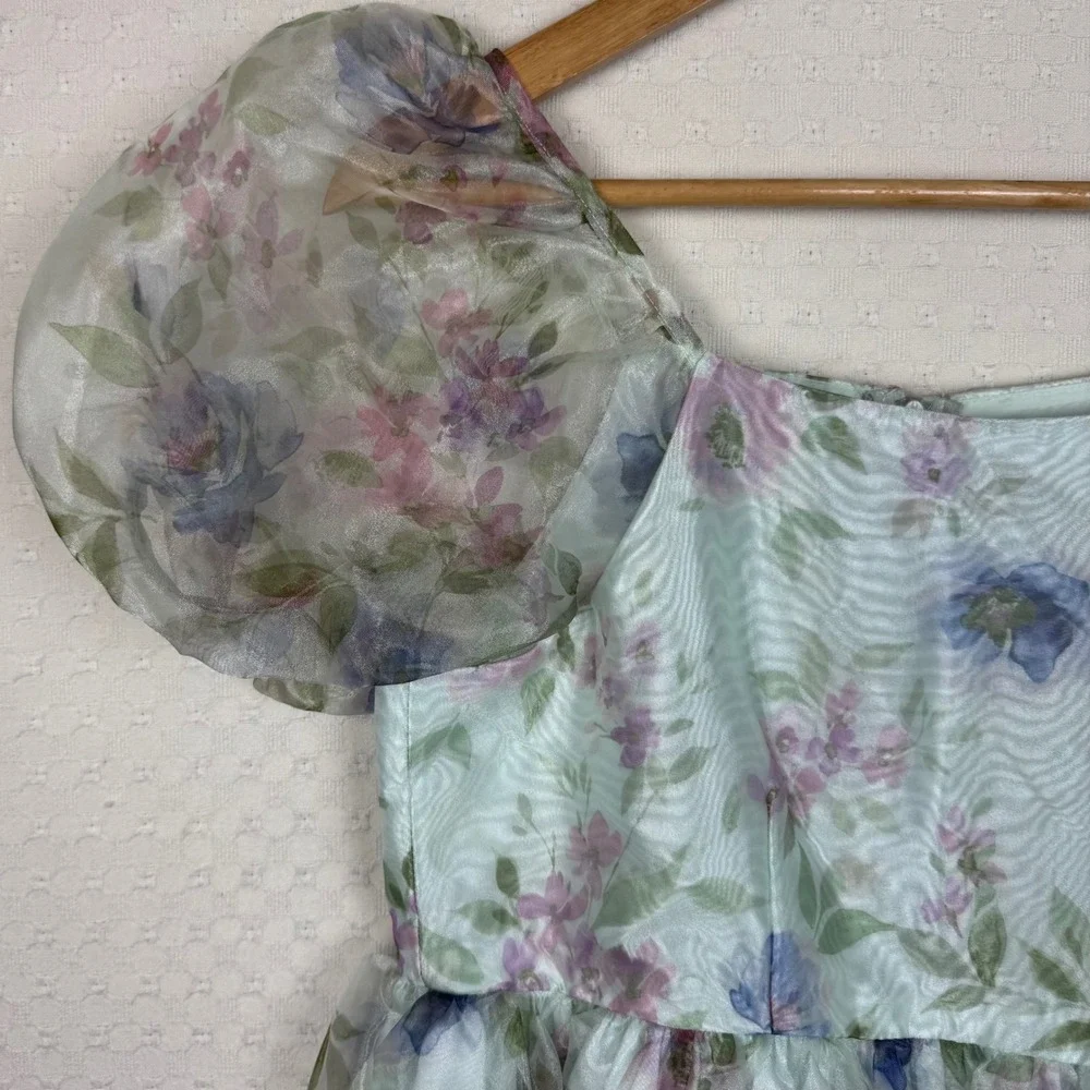 Zunie Girls Puff Sleeve Floral Square Neck‎ Dress Size 16 Sheer Lined Fairy